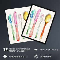 "Artery8 Colourful Watercolour Cutlery Spoons Knife Fork Framed Wall Art - Size: W12"" x H16""" - thumbnail 2