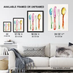 "Artery8 Colourful Watercolour Cutlery Spoons Knife Fork Framed Wall Art - Size: W12"" x H16""" - thumbnail 3