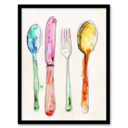 "Artery8 Colourful Watercolour Cutlery Spoons Knife Fork Framed Wall Art - Size: W12"" x H16""" - thumbnail 1