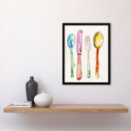 "Artery8 Colourful Watercolour Cutlery Spoons Knife Fork Framed Wall Art - Size: W12"" x H16""" - thumbnail 4