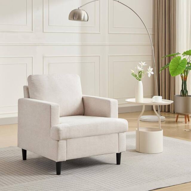 London Boutique Modern Single Accent Chair Linen Upholstered Armchair w/Foam Cushion in Beige - image 1