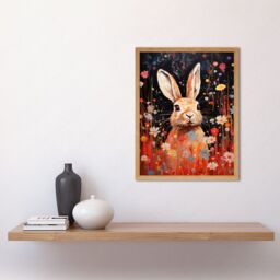 "Artery8 Wall Art Print Spring Bliss Oil Painting Cute Bunny Rabbit in a Daisy Flower Meadow Kids Bedroom Art Framed in Light Oak - Size: W12"" x H16""" - thumbnail 2