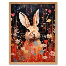 "Artery8 Wall Art Print Spring Bliss Oil Painting Cute Bunny Rabbit in a Daisy Flower Meadow Kids Bedroom Art Framed in Light Oak - Size: W12"" x H16""" - thumbnail 1