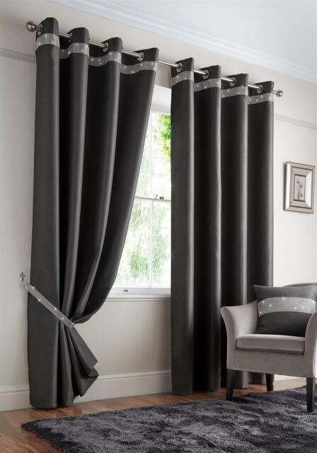 Luxury Living Palace Diamante Ring Top Blackout Curtains in Charcoal - Size: 168 cm width x 183 cm drop - image 1