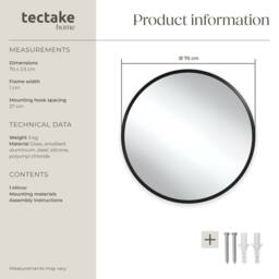 tectake Round Mirror Fiona - Aluminium Frame, Wall Mounted, Minimalist Design in Black - Size: 60 cm x 60 cm - thumbnail 6