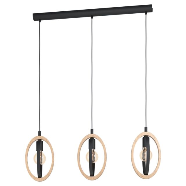 Loops Hanging Ceiling Pendant Light Black & Wood Hoop Shade 3 x 40W E27 Bulb - image 1