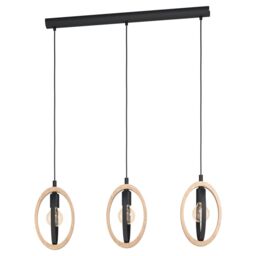 Loops Hanging Ceiling Pendant Light Black & Wood Hoop Shade 3 x 40W E27 Bulb - thumbnail 1