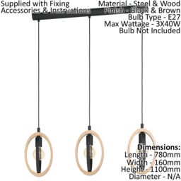 Loops Hanging Ceiling Pendant Light Black & Wood Hoop Shade 3 x 40W E27 Bulb - thumbnail 2
