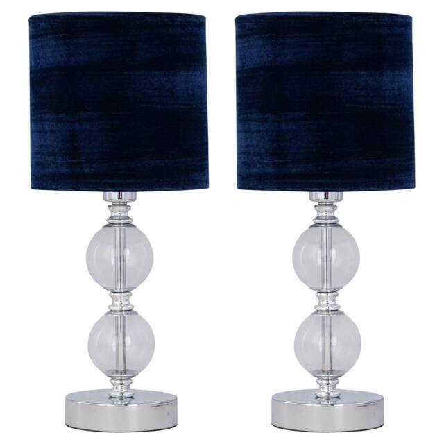 First Choice Lighting Set of 2 Chrome Two Ball Table Lamp with Navy Blue Velvet Shades in Silver - image 1