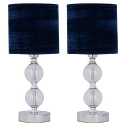 First Choice Lighting Set of 2 Chrome Two Ball Table Lamp with Navy Blue Velvet Shades in Silver