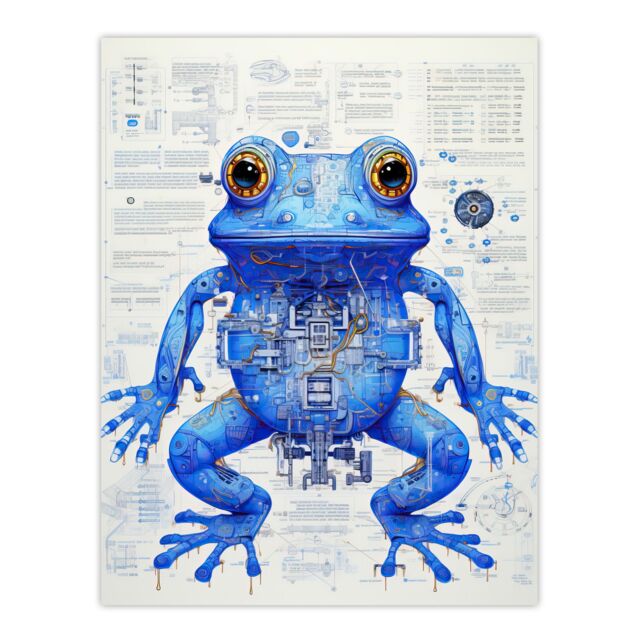 Artery8 Wall Art Print Blue Frog Robot Hybrid Schematic Blue Futuristic Secret Complex Arcane Manuscript Gift For Him Man Cave Poster - image 1