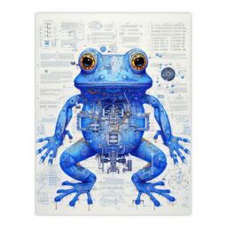 Artery8 Wall Art Print Blue Frog Robot Hybrid Schematic Blue Futuristic Secret Complex Arcane Manuscript Gift For Him Man Cave Poster - thumbnail 1