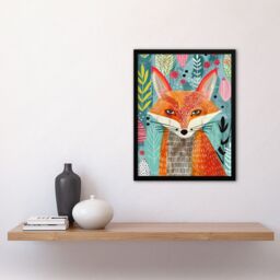 "Artery8 Devious Fox in Garden Folk Art Pattern Design Framed Art Print - Size: W12"" x H16""" - thumbnail 4