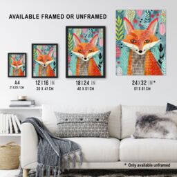 "Artery8 Devious Fox in Garden Folk Art Pattern Design Framed Art Print - Size: W12"" x H16""" - thumbnail 3