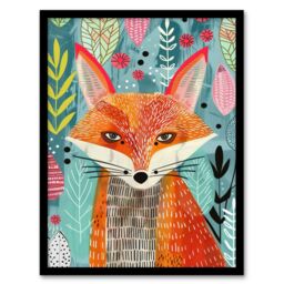 "Artery8 Devious Fox in Garden Folk Art Pattern Design Framed Art Print - Size: W12"" x H16""" - thumbnail 1