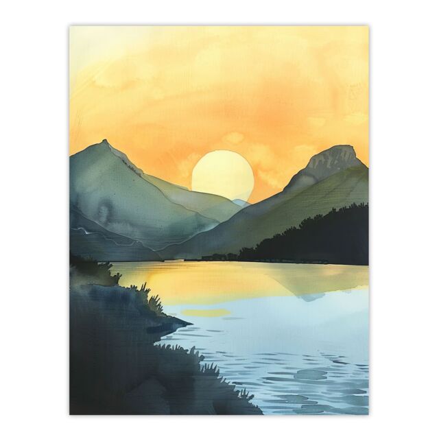 "Artery8 Redfish Lake Mountain Landscape Lakeside Sunrise Wall Art Print in Yellow - Size: W18"" x H24""" - image 1