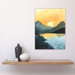 "Artery8 Redfish Lake Mountain Landscape Lakeside Sunrise Wall Art Print in Yellow - Size: W18"" x H24""" - thumbnail 4