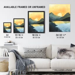 "Artery8 Redfish Lake Mountain Landscape Lakeside Sunrise Wall Art Print in Yellow - Size: W18"" x H24""" - thumbnail 3