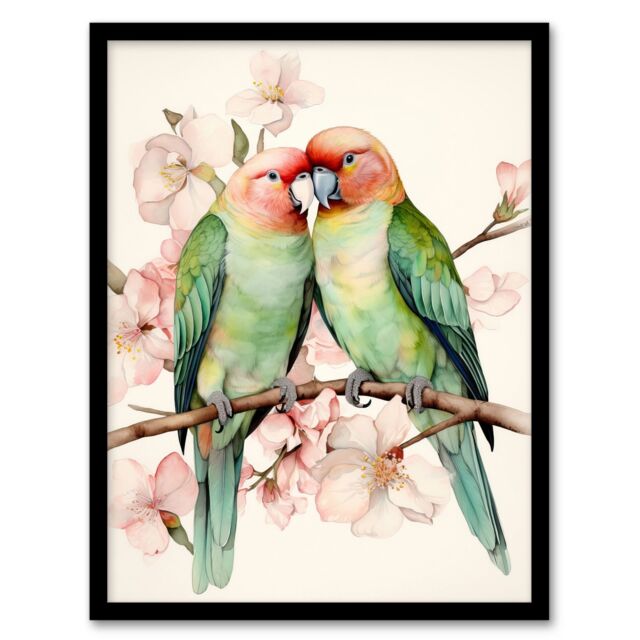 "Artery8 Birds Of A Feather Love Birds Perched On A Cherry Bloom Art Print Framed Poster Wall Decor 12x16 inch in Black - Size: W12"" x H16""" - image 1