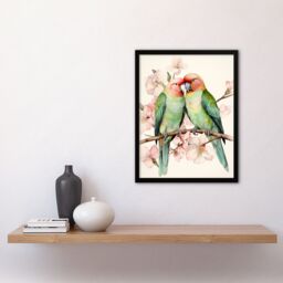 "Artery8 Birds Of A Feather Love Birds Perched On A Cherry Bloom Art Print Framed Poster Wall Decor 12x16 inch in Black - Size: W12"" x H16""" - thumbnail 4