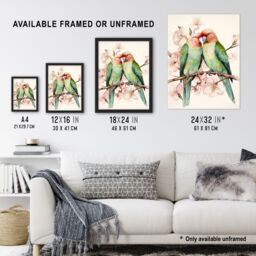 "Artery8 Birds Of A Feather Love Birds Perched On A Cherry Bloom Art Print Framed Poster Wall Decor 12x16 inch in Black - Size: W12"" x H16""" - thumbnail 3