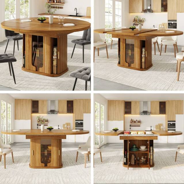 BTM Extendable Round Dining Table 118-158cm with Glass Doors, Walnut in Brown - image 1