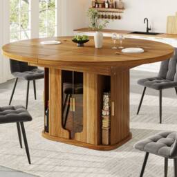 BTM Extendable Round Dining Table 118-158cm with Glass Doors, Walnut in Brown - thumbnail 5