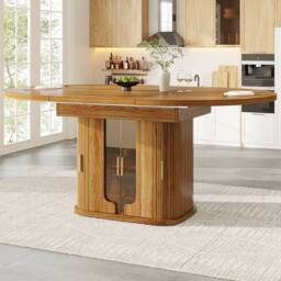 BTM Extendable Round Dining Table 118-158cm with Glass Doors, Walnut in Brown - thumbnail 2