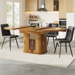 BTM Extendable Round Dining Table 118-158cm with Glass Doors, Walnut in Brown - thumbnail 7