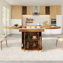 BTM Extendable Round Dining Table 118-158cm with Glass Doors, Walnut in Brown - thumbnail 4