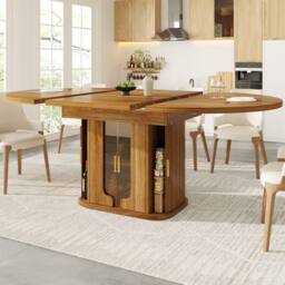 BTM Extendable Round Dining Table 118-158cm with Glass Doors, Walnut in Brown - thumbnail 6