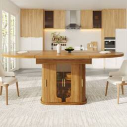 BTM Extendable Round Dining Table 118-158cm with Glass Doors, Walnut in Brown - thumbnail 3