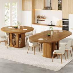 BTM Extendable Round Dining Table 118-158cm with Glass Doors, Walnut in Brown - thumbnail 9