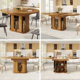 BTM Extendable Round Dining Table 118-158cm with Glass Doors, Walnut in Brown - thumbnail 1