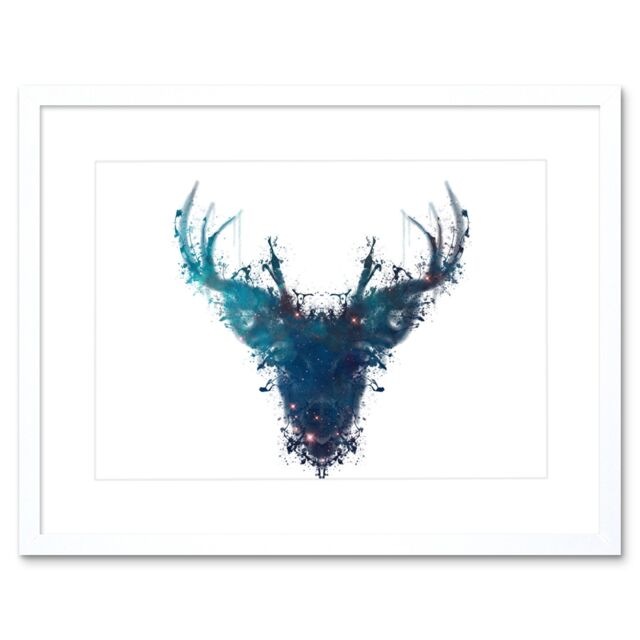 "Artery8 Wall Art Print Ink Splat Deer Stag Artwork Framed 9X7 Inch in White - Size: W7"" x H9""" - image 1