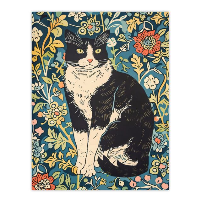 "Artery8 Cat in the Flowers Portrait Animal Lover Wall Art Print in Blue - Size: W18"" x H24""" - image 1