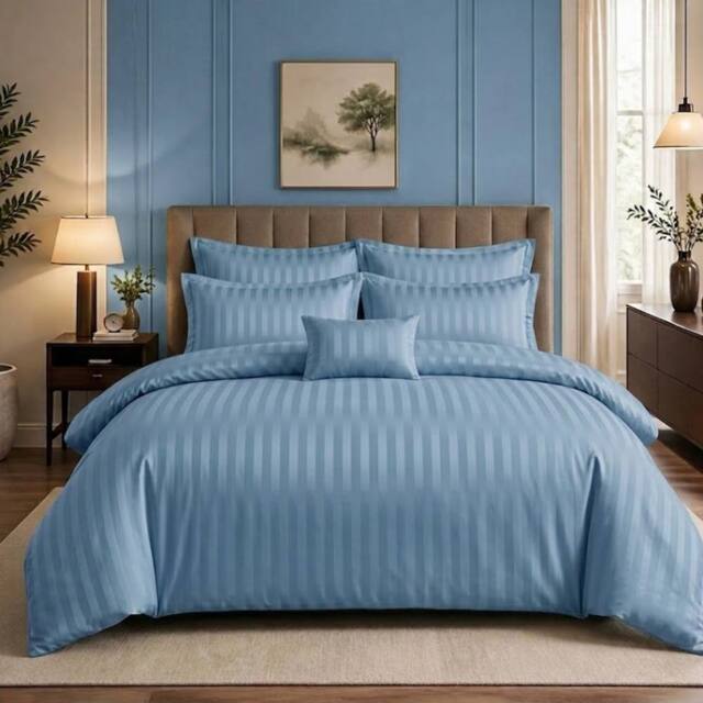 Pamposh Luxury Embossed Stripes Duvet Cover Set in Blue - Size: King - image 1