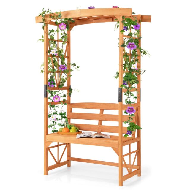 Costway Patio Garden Arbor Garden Archway Wooden Outdoor Bench w/ Pergola in Orange - image 1