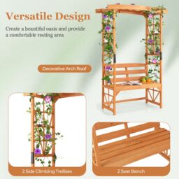 Costway Patio Garden Arbor Garden Archway Wooden Outdoor Bench w/ Pergola in Orange - thumbnail 5