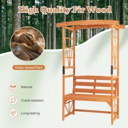 Costway Patio Garden Arbor Garden Archway Wooden Outdoor Bench w/ Pergola in Orange - thumbnail 6