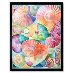 "Artery8 Wall Art Print Pastel Colour Seashells Folk Art Framed in Black - Size: W12"" x H16""" - thumbnail 1