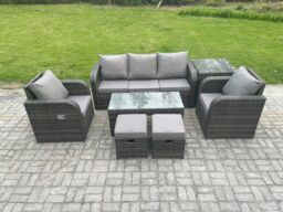 Fimous 7 PC Rattan Garden Furniture Set with Rectangular Coffee Table Side Table 2 Small Footstools Patio Outdoor Rattan Set in Dark Grey - thumbnail 1