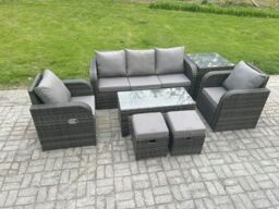Fimous 7 PC Rattan Garden Furniture Set with Rectangular Coffee Table Side Table 2 Small Footstools Patio Outdoor Rattan Set in Dark Grey - thumbnail 2