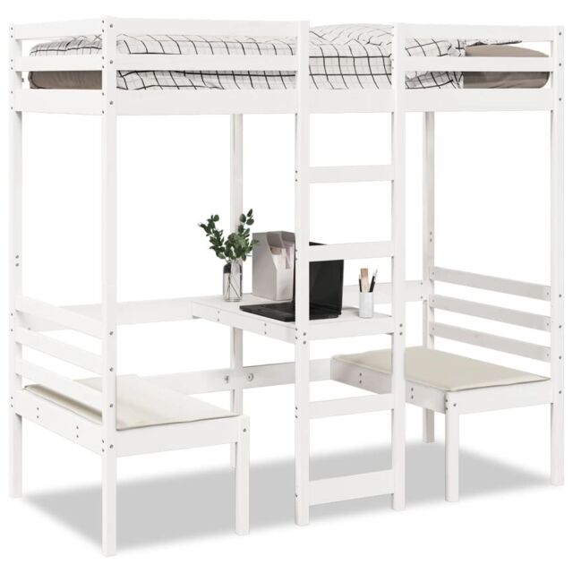 Berkfield Home Loft Bed Frame with Desk & Chairs White 80x200cm Solid Wood Pine - Size: 80x200 cm - image 1
