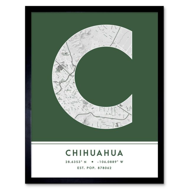 "Wee Blue Coo Wall Art Print Chihuahua Mexico City Map Modern Typography Stylish Letter Framed Word in Green - Size: W12"" x H16""" - image 1