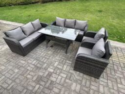 Fimous 8 Seater Rattan Garden Furniture Set Reclining Chair Lounge 3 Seater Sofa Set Rectangular Dining Table in Dark Grey - thumbnail 2