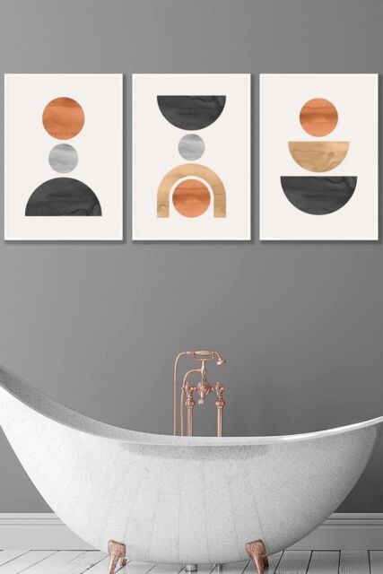 ARTZE Set of 3 White Framed Mid Century Graphical Shapes in Black, Grey, Orange Wall Art - Size: W53 cm x H73 cm x D20mm - image 1