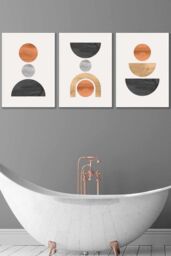 ARTZE Set of 3 White Framed Mid Century Graphical Shapes in Black, Grey, Orange Wall Art - Size: W53 cm x H73 cm x D20mm