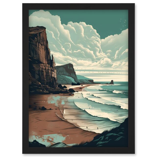 Artery8 Bay with Cliffs Dramatic Coastal Landscape Artwork Framed Wall Art Print A4 in Black - image 1