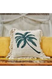 KDMD Linen Cushion Cover 45x45cm Palm Tree with Fringe in Beige - Size: 45x45 cm - thumbnail 2